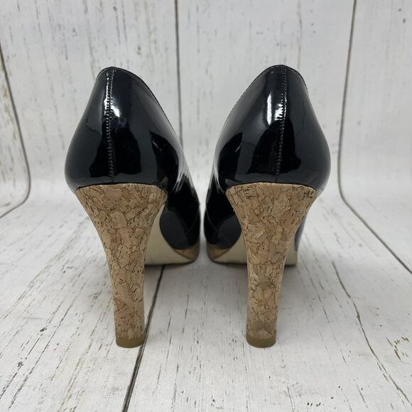 Jessica Simpson Leather Pumps Size 8.5 Black Cork High Heel Made In Brazil - Picture 6 of 12